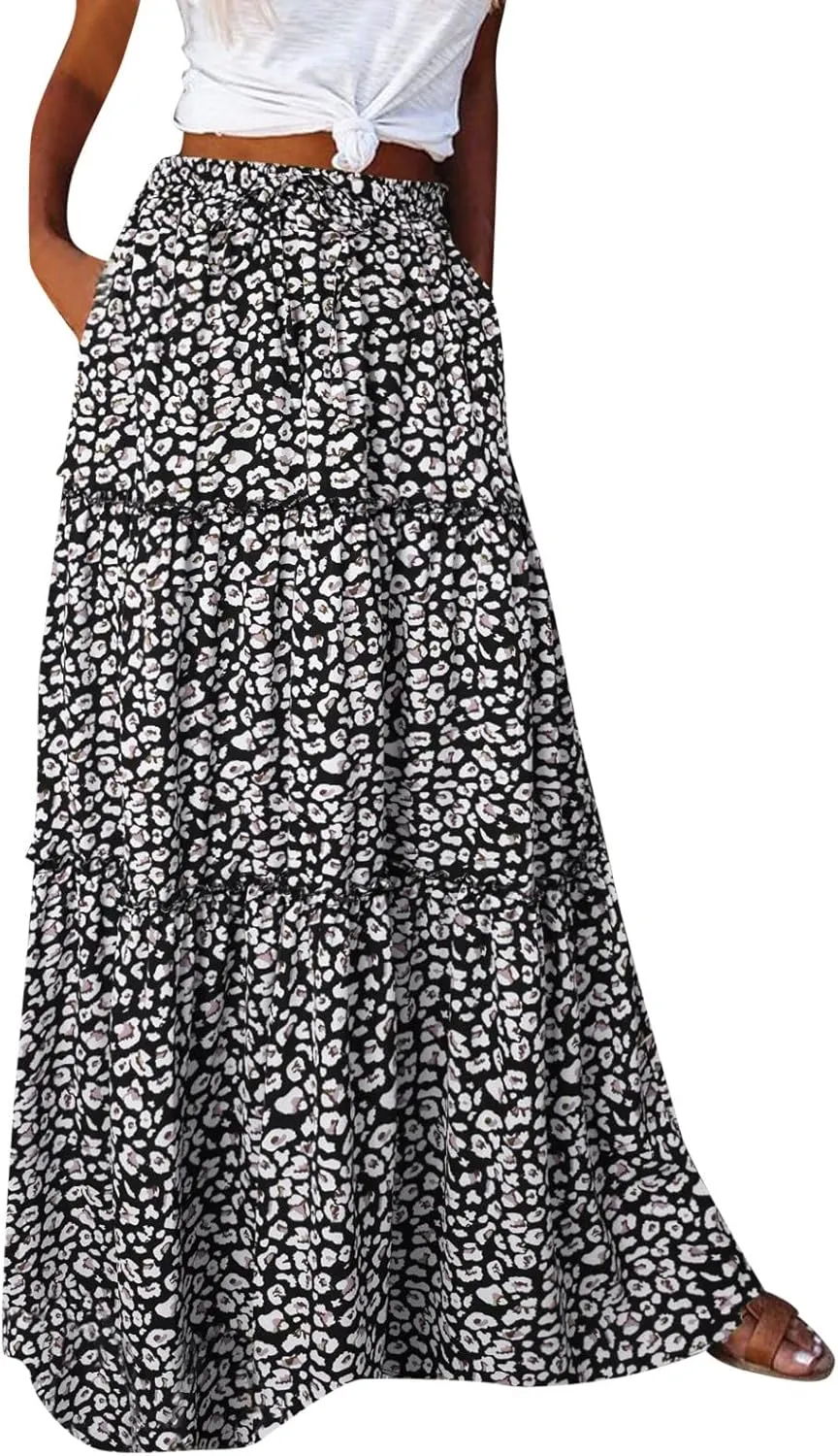 Rvidbe Women's Summer Casual Vacation Boho Maxi Skirt A-Line Flowy Ruffle Tiered Elastic High Waisted Floral Print Long Skirt