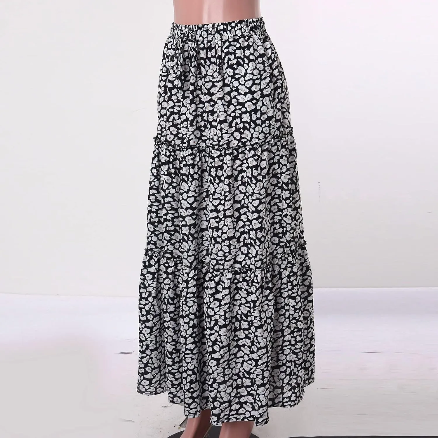 Rvidbe Women's Summer Casual Vacation Boho Maxi Skirt A-Line Flowy Ruffle Tiered Elastic High Waisted Floral Print Long Skirt