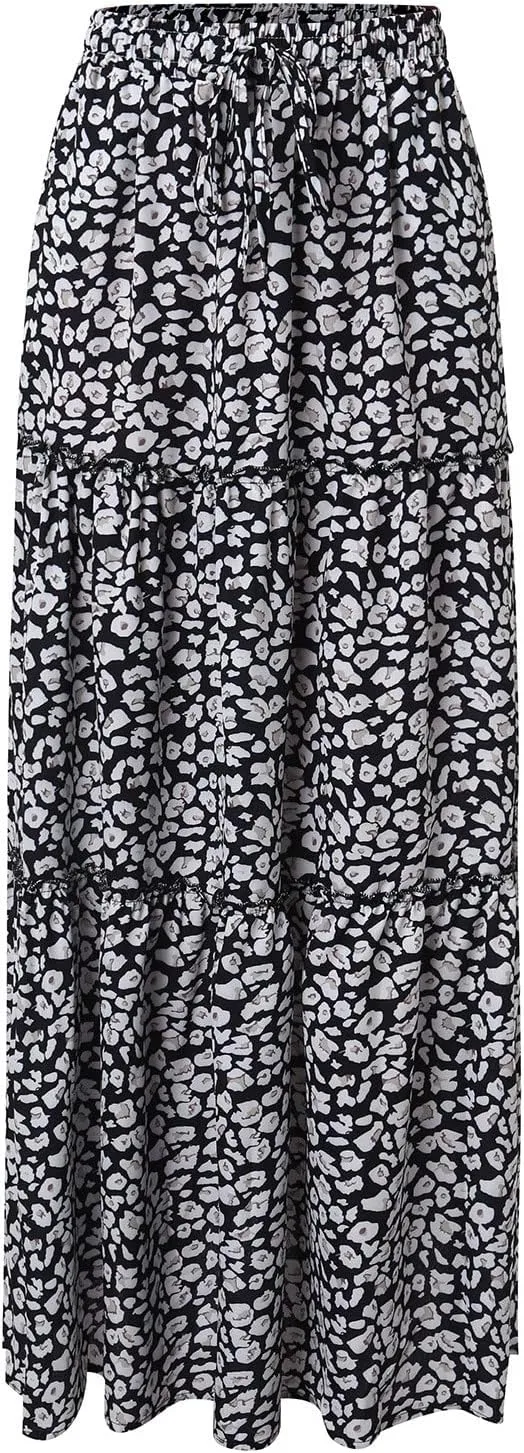 Rvidbe Women's Summer Casual Vacation Boho Maxi Skirt A-Line Flowy Ruffle Tiered Elastic High Waisted Floral Print Long Skirt