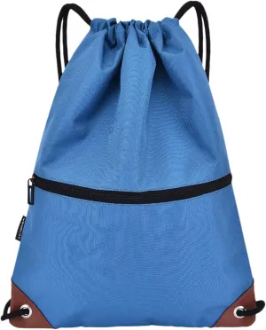 Sack Drawstring Backpack Water-resistant Drawstring Bucket Bag with Zipper Pockets Light Sack (Light Blue)