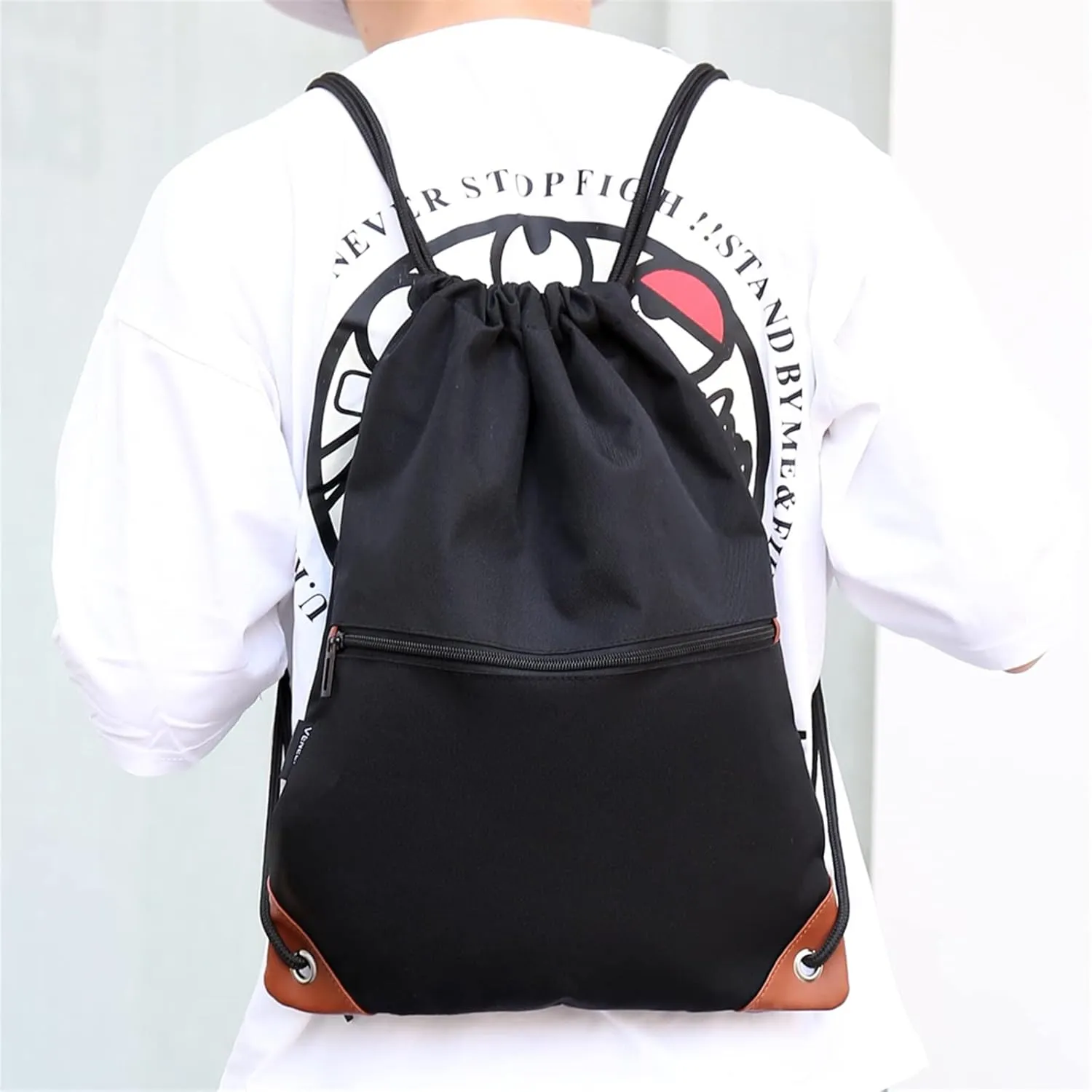 Sack Drawstring Backpack Water-resistant Drawstring Bucket Bag with Zipper Pockets Light Sack (Light Blue)
