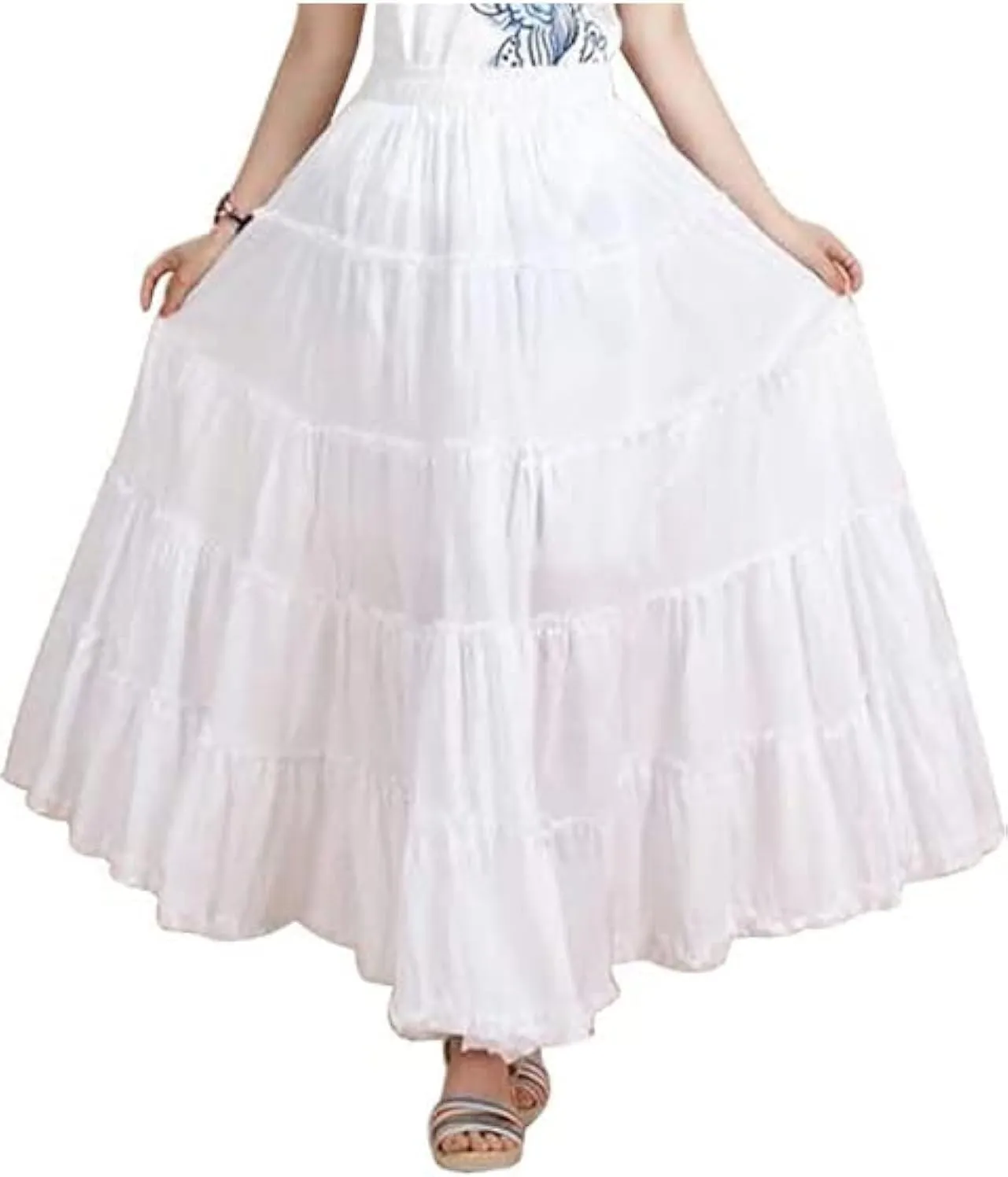 Saukiee Women's Bohemian Elastic Waist Long Skirt Cotton Circle Ruffle Broomstick Peasant Maxi Tiered Skirts