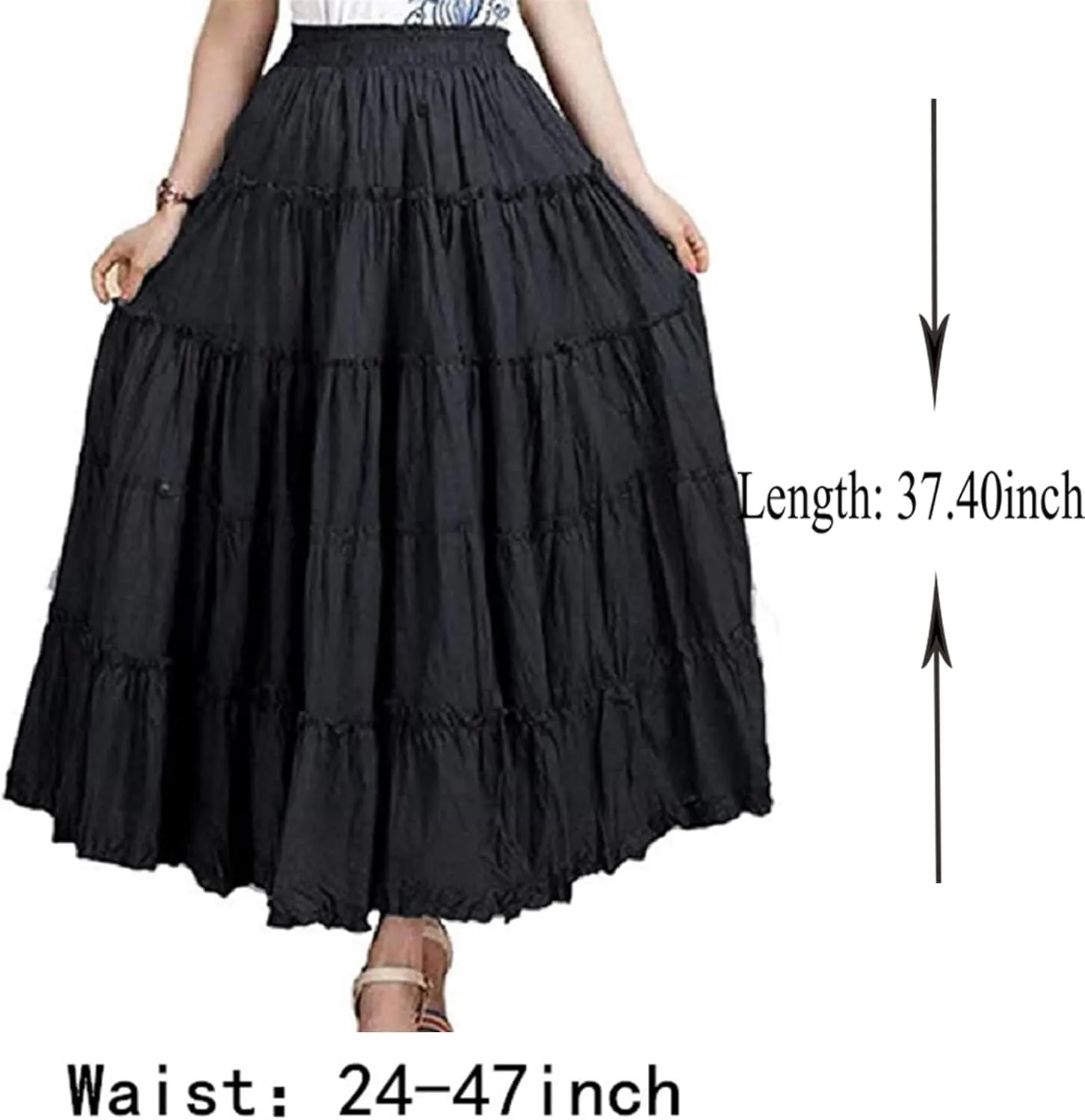 Saukiee Women's Bohemian Elastic Waist Long Skirt Cotton Circle Ruffle Broomstick Peasant Maxi Tiered Skirts
