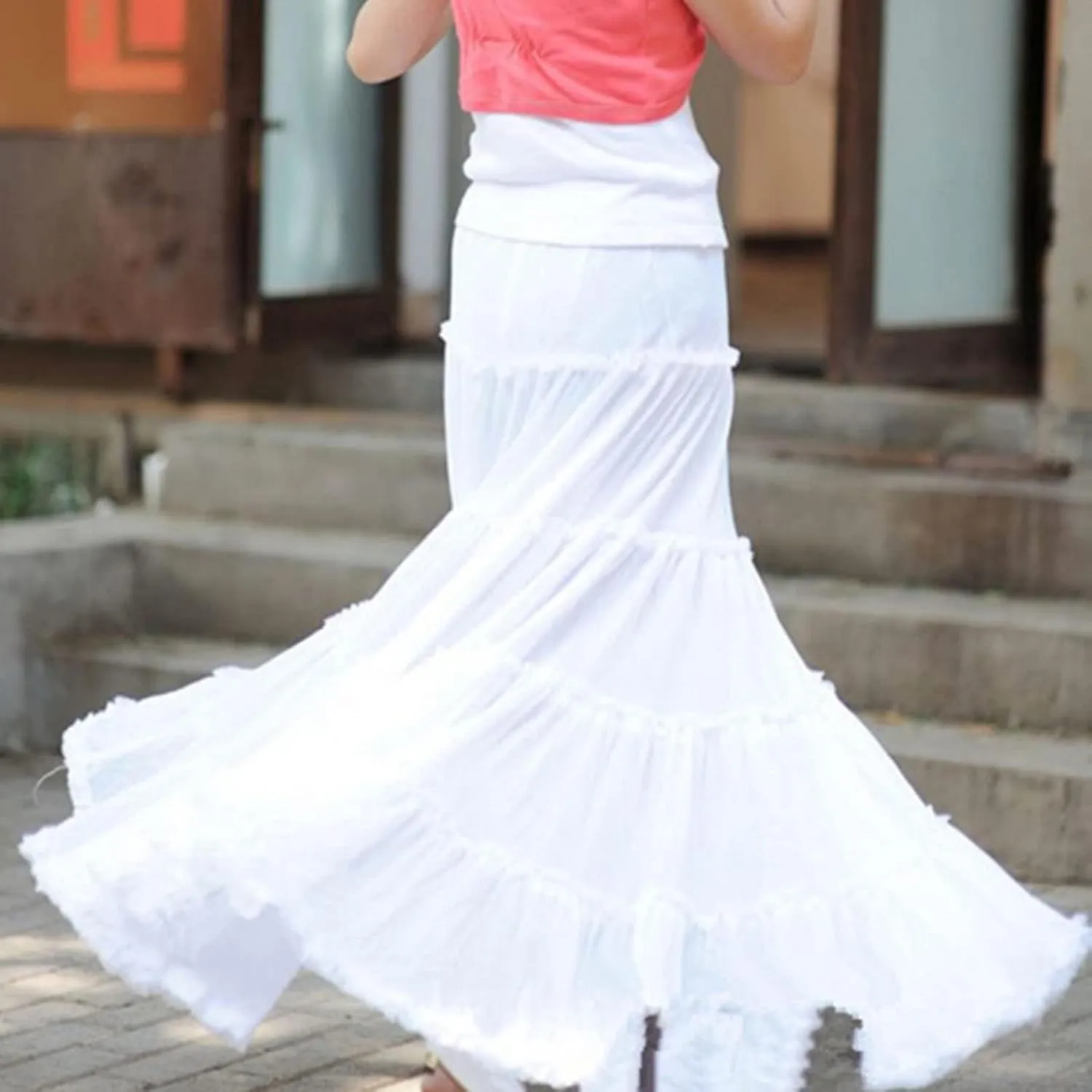 Saukiee Women's Bohemian Elastic Waist Long Skirt Cotton Circle Ruffle Broomstick Peasant Maxi Tiered Skirts