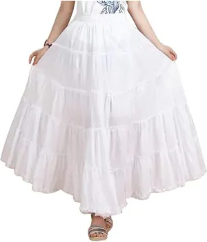 Saukiee Women's Bohemian Elastic Waist Long Skirt Cotton Circle Ruffle Broomstick Peasant Maxi Tiered Skirts