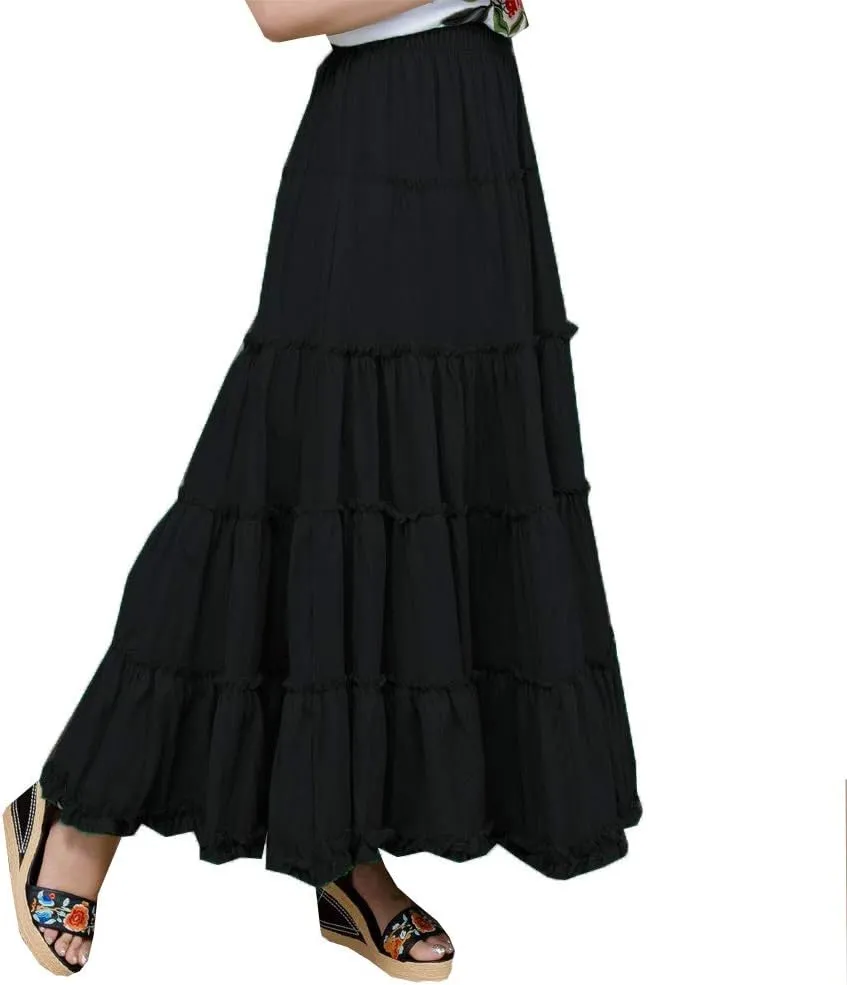 Saukiee Women's Bohemian Elastic Waist Long Skirt Cotton Circle Ruffle Broomstick Peasant Maxi Tiered Skirts