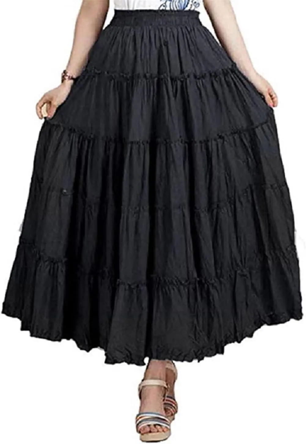 Saukiee Women's Bohemian Elastic Waist Long Skirt Cotton Circle Ruffle Broomstick Peasant Maxi Tiered Skirts