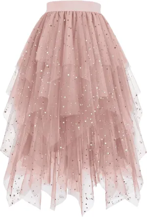 Sequin Skirts for Women Tulle Maxi Skirt Sparkly Tutu Skirt A Line Layered Midi Skirt Elegant Evening Party Skirt