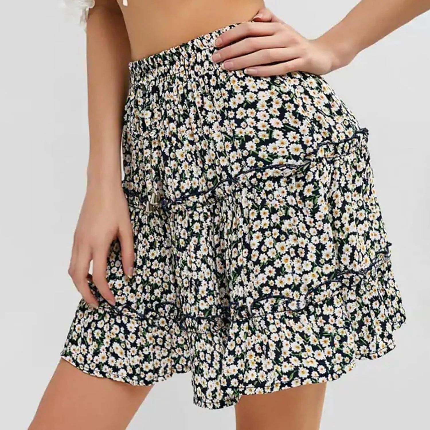 Short Skirts for Women Floral Casual Boho Y2K Tiered Pirouette Skort Western Beach Vacation Drawstring Mini Skirts