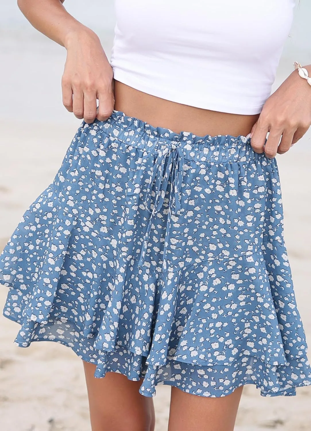 SimpleFun Womens Skorts Floral Ruffled Chiffon Flowy Shorts Summer Flared Mini Skirts