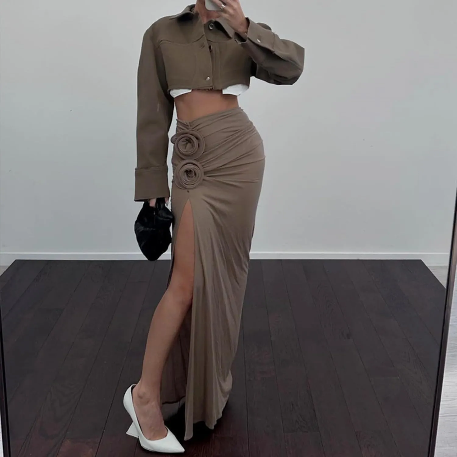 Skirt Long Women's High-Waisted Ruched Maxi Skirt with Floral Detail and Side Slit, Elegant Evening Skirt in Khaki Elegant