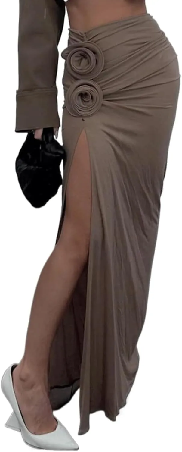 Skirt Long Women's High-Waisted Ruched Maxi Skirt with Floral Detail and Side Slit, Elegant Evening Skirt in Khaki Elegant