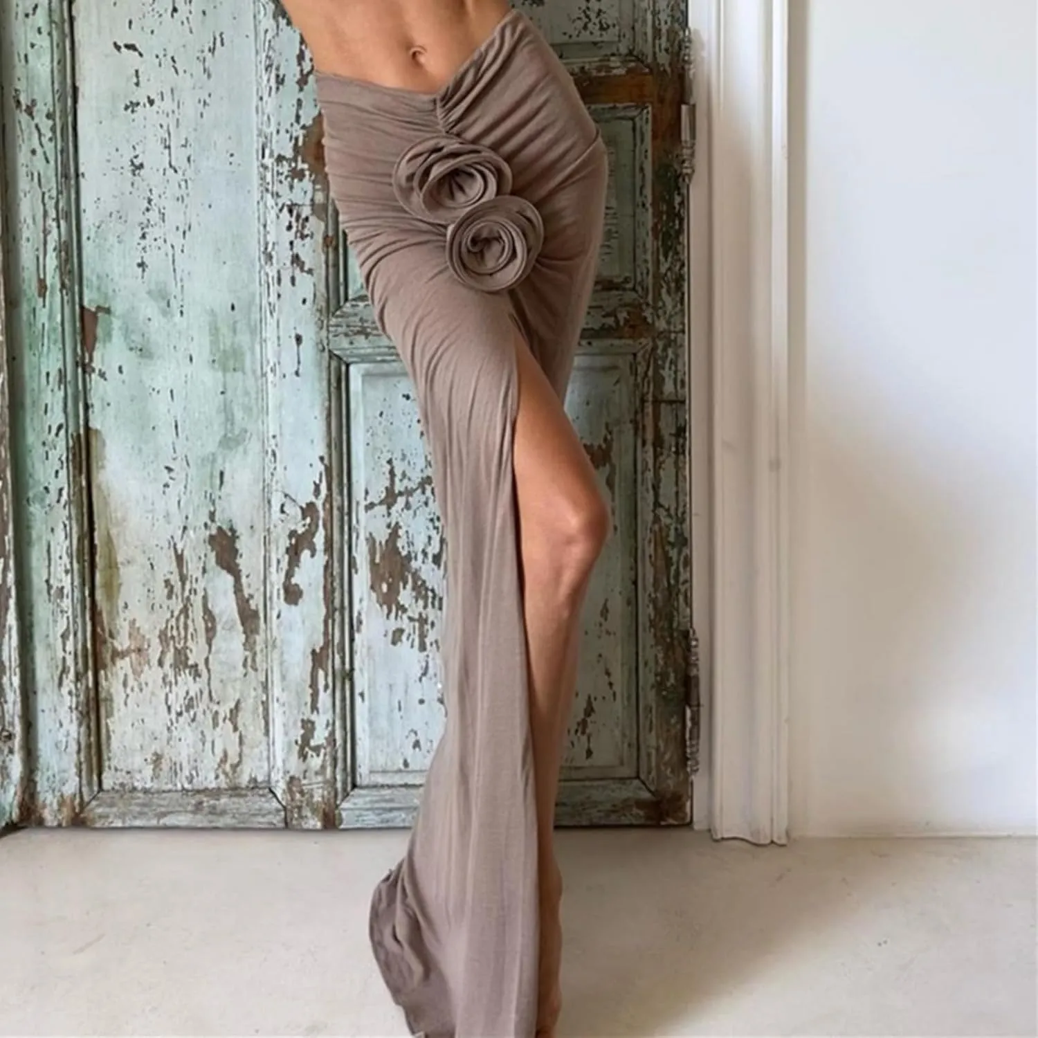 Skirt Long Women's High-Waisted Ruched Maxi Skirt with Floral Detail and Side Slit, Elegant Evening Skirt in Khaki Elegant