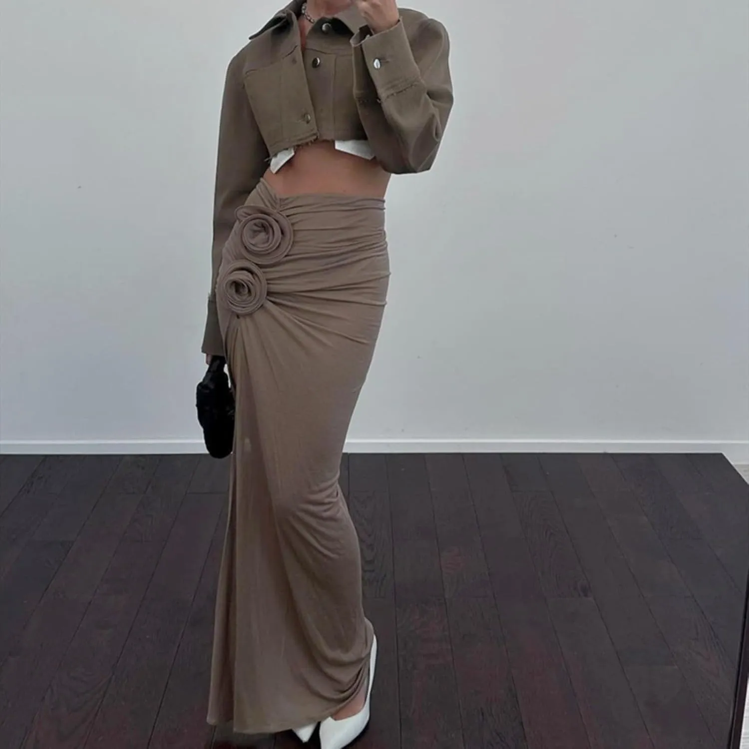 Skirt Long Women's High-Waisted Ruched Maxi Skirt with Floral Detail and Side Slit, Elegant Evening Skirt in Khaki Elegant
