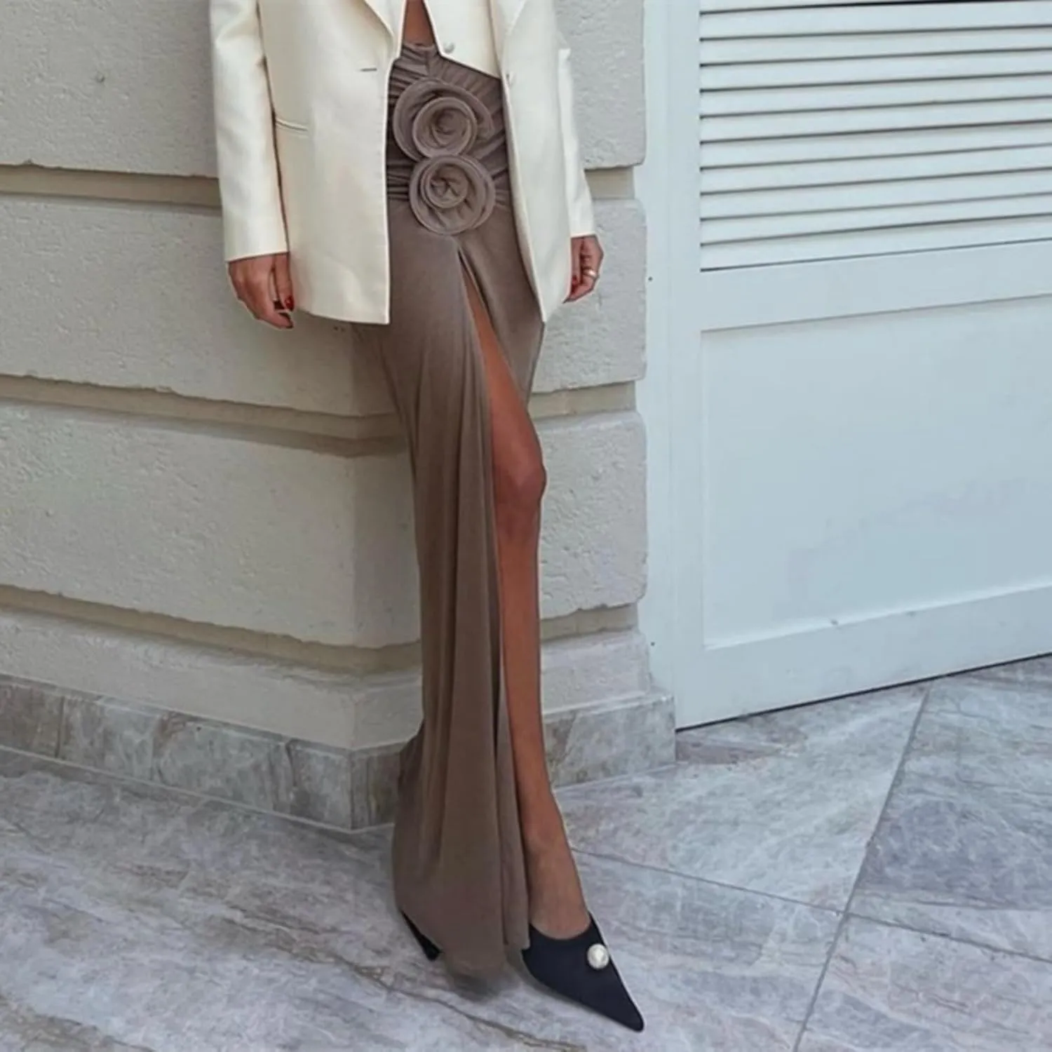 Skirt Long Women's High-Waisted Ruched Maxi Skirt with Floral Detail and Side Slit, Elegant Evening Skirt in Khaki Elegant