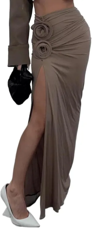Skirt Long Women's High-Waisted Ruched Maxi Skirt with Floral Detail and Side Slit, Elegant Evening Skirt in Khaki Elegant