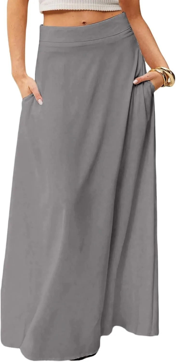 Skirts for Women Midi Length High Waisted Pleated A-Line Summer Swing Long Work Office with Pockets