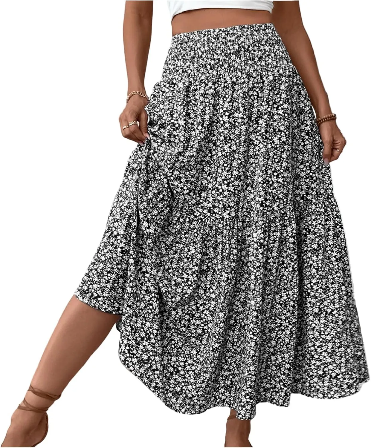 Skirts for Women Midi Length Women's Boho Floral Print Elastic High Waisted Swing A-Line Tiered Summer Beach Skirt