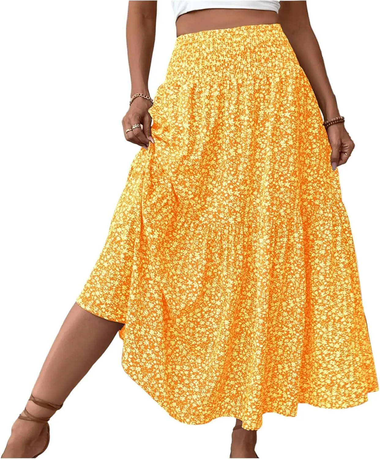 Skirts for Women Midi Length Women's Boho Floral Print Elastic High Waisted Swing A-Line Tiered Summer Beach Skirt