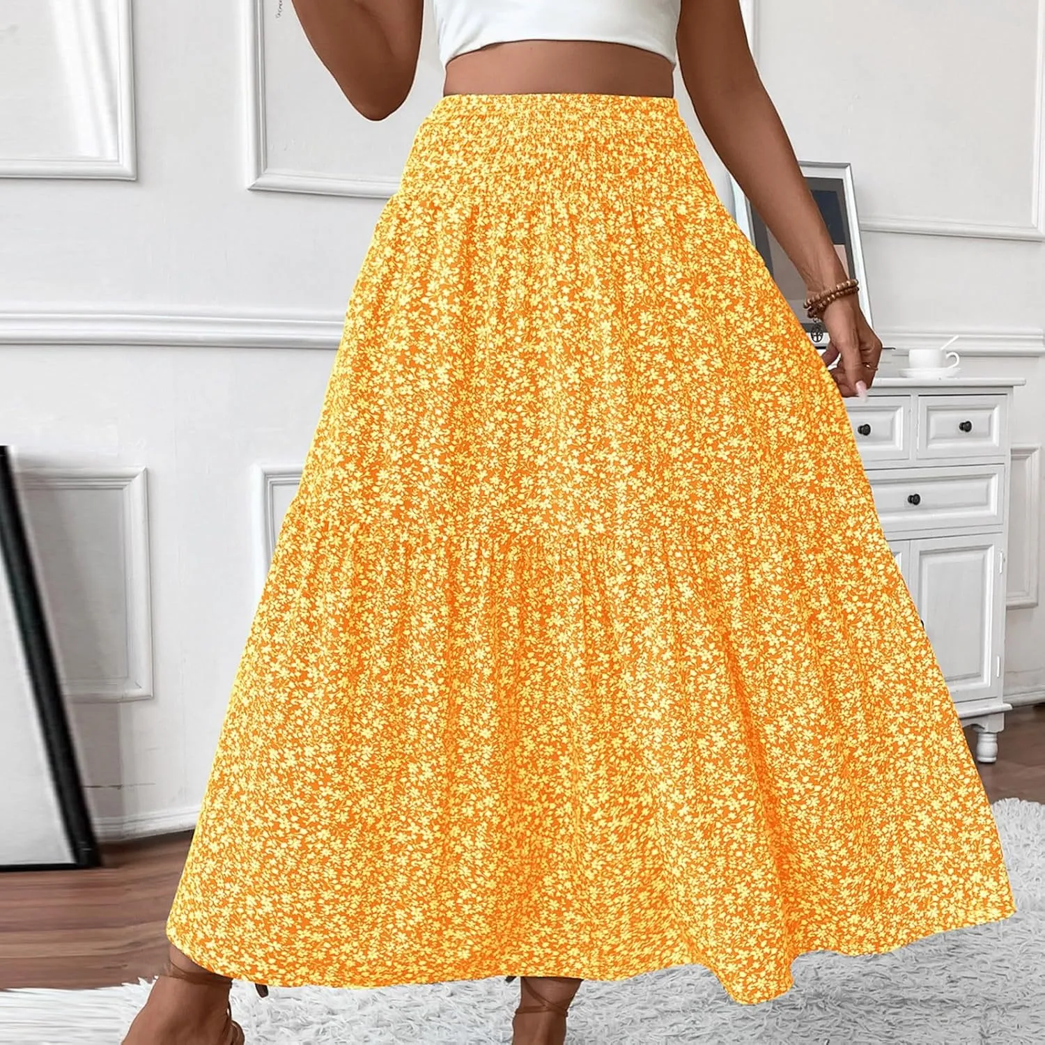 Skirts for Women Midi Length Women's Boho Floral Print Elastic High Waisted Swing A-Line Tiered Summer Beach Skirt