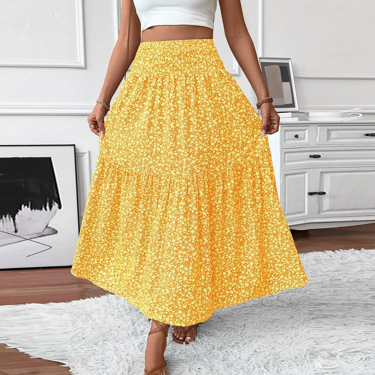 Skirts for Women Midi Length Women's Boho Floral Print Elastic High Waisted Swing A-Line Tiered Summer Beach Skirt