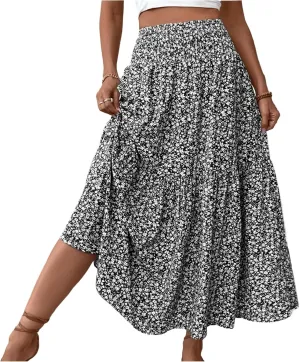 Skirts for Women Midi Length Women's Boho Floral Print Elastic High Waisted Swing A-Line Tiered Summer Beach Skirt