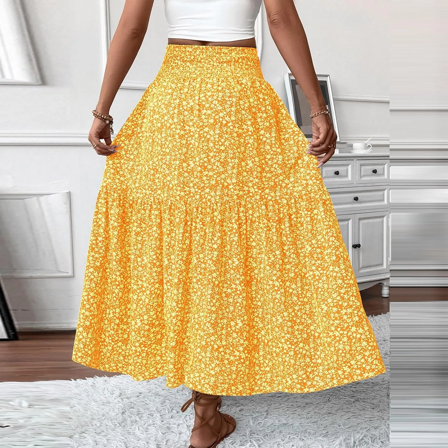 Skirts for Women Midi Length Women's Boho Floral Print Elastic High Waisted Swing A-Line Tiered Summer Beach Skirt