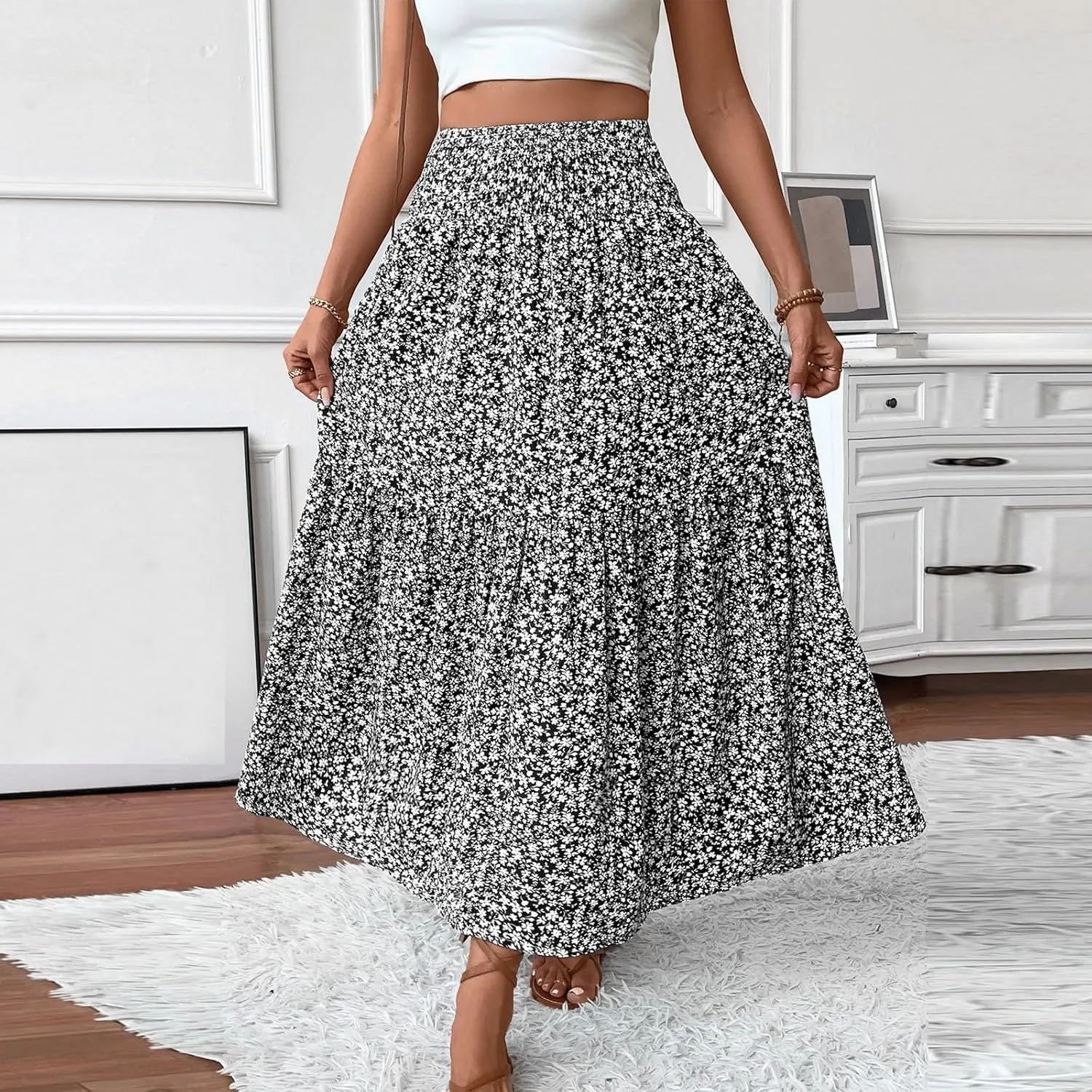 Skirts for Women Midi Length Women's Boho Floral Print Elastic High Waisted Swing A-Line Tiered Summer Beach Skirt