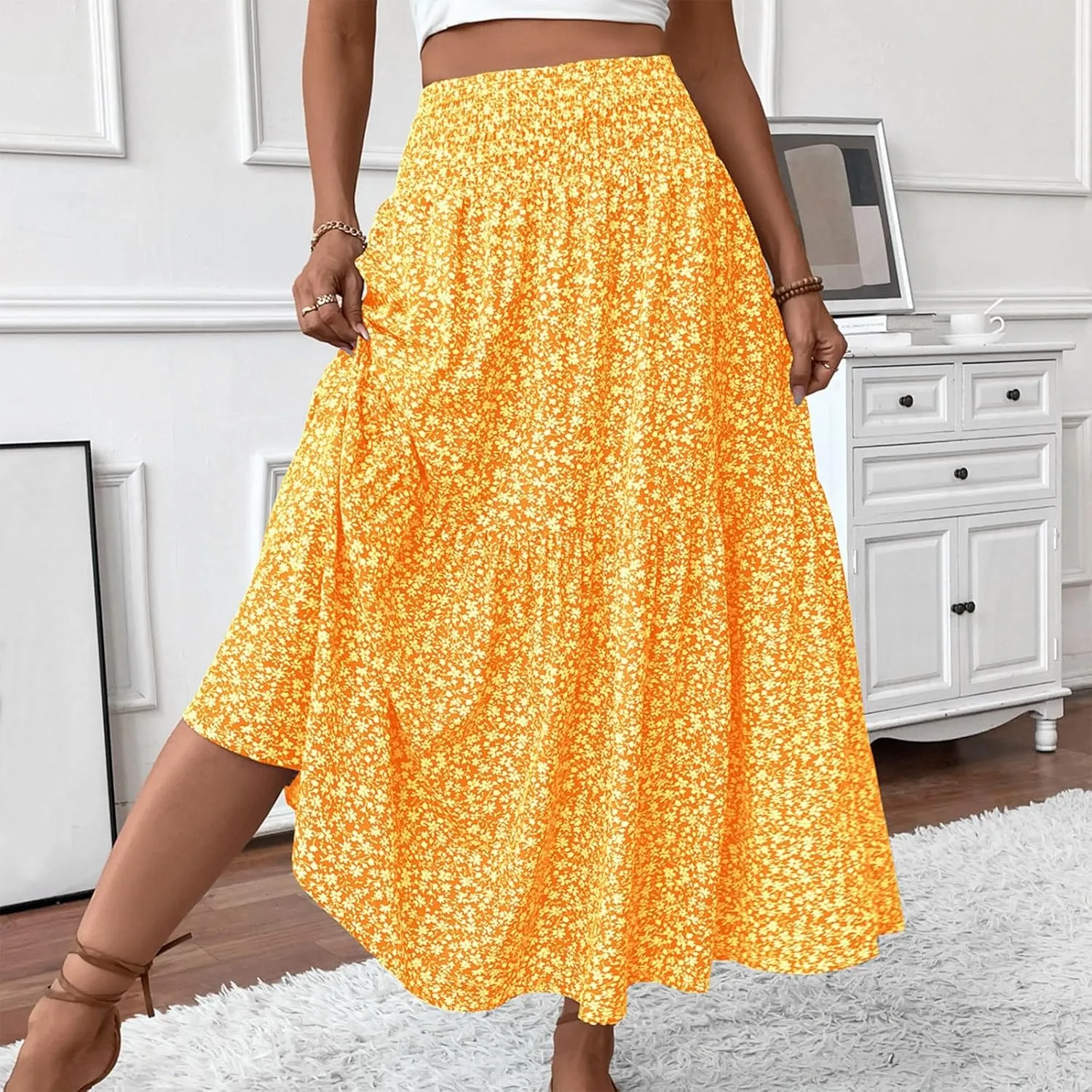 Skirts for Women Midi Length Women's Boho Floral Print Elastic High Waisted Swing A-Line Tiered Summer Beach Skirt