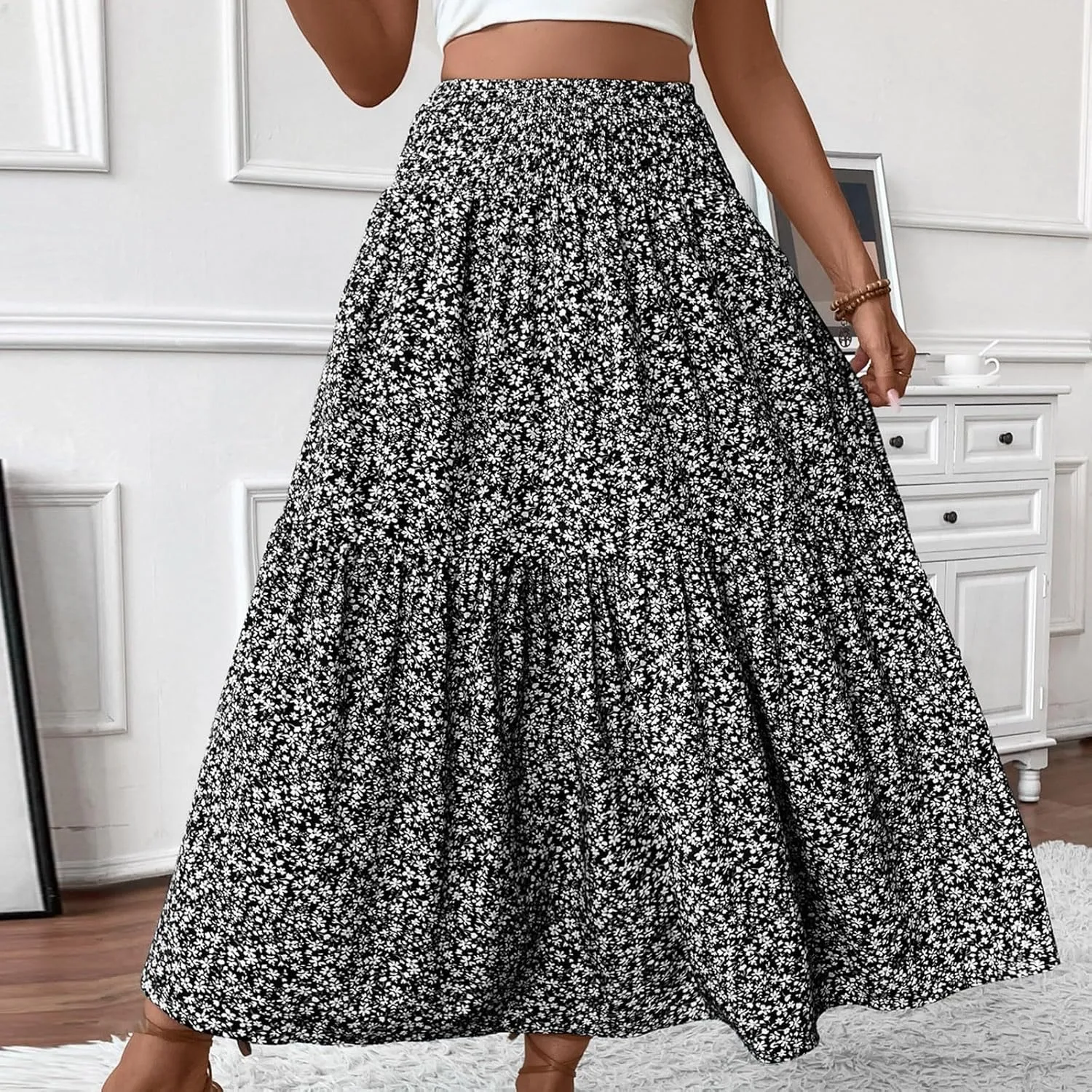 Skirts for Women Midi Length Women's Boho Floral Print Elastic High Waisted Swing A-Line Tiered Summer Beach Skirt