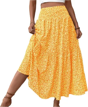 Skirts for Women Midi Length Women's Boho Floral Print Elastic High Waisted Swing A-Line Tiered Summer Beach Skirt