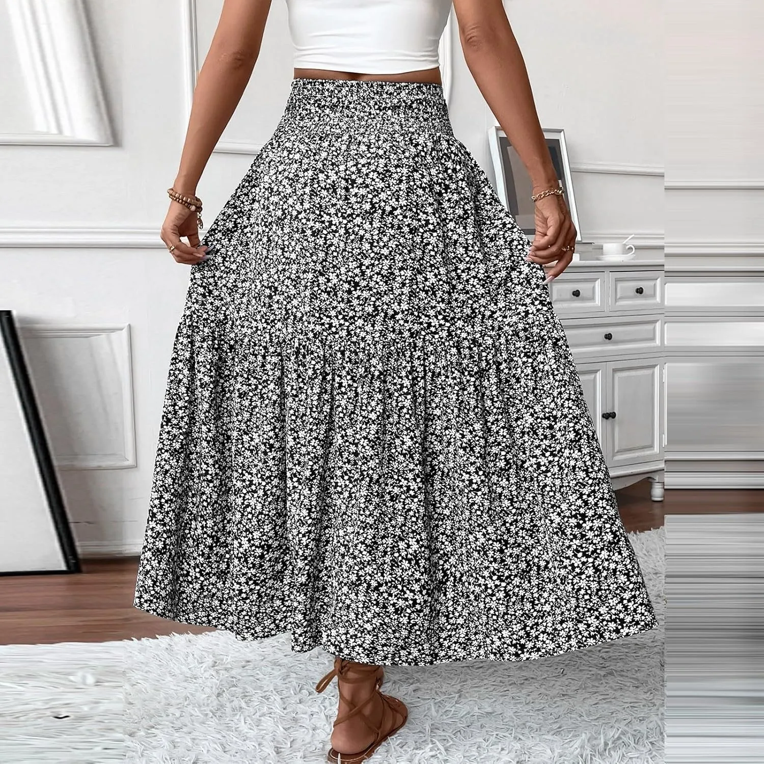 Skirts for Women Midi Length Women's Boho Floral Print Elastic High Waisted Swing A-Line Tiered Summer Beach Skirt