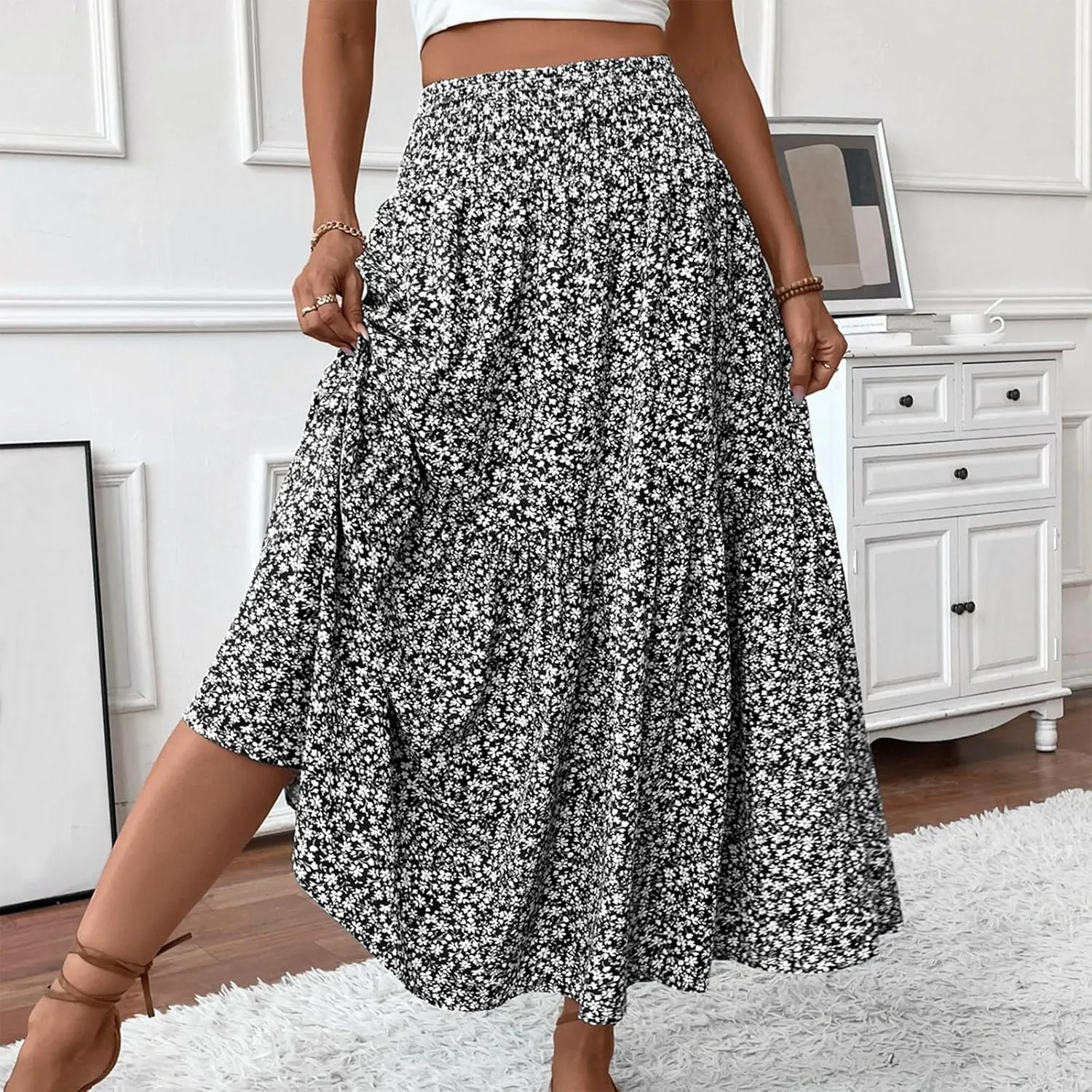 Skirts for Women Midi Length Women's Boho Floral Print Elastic High Waisted Swing A-Line Tiered Summer Beach Skirt