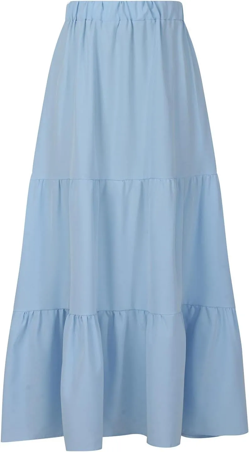 Skirts for Women Summer Beach Pleated Long Skirt Lightweight Elastic Waisted Maxi Skort Boho A Line Skorts with Pocket