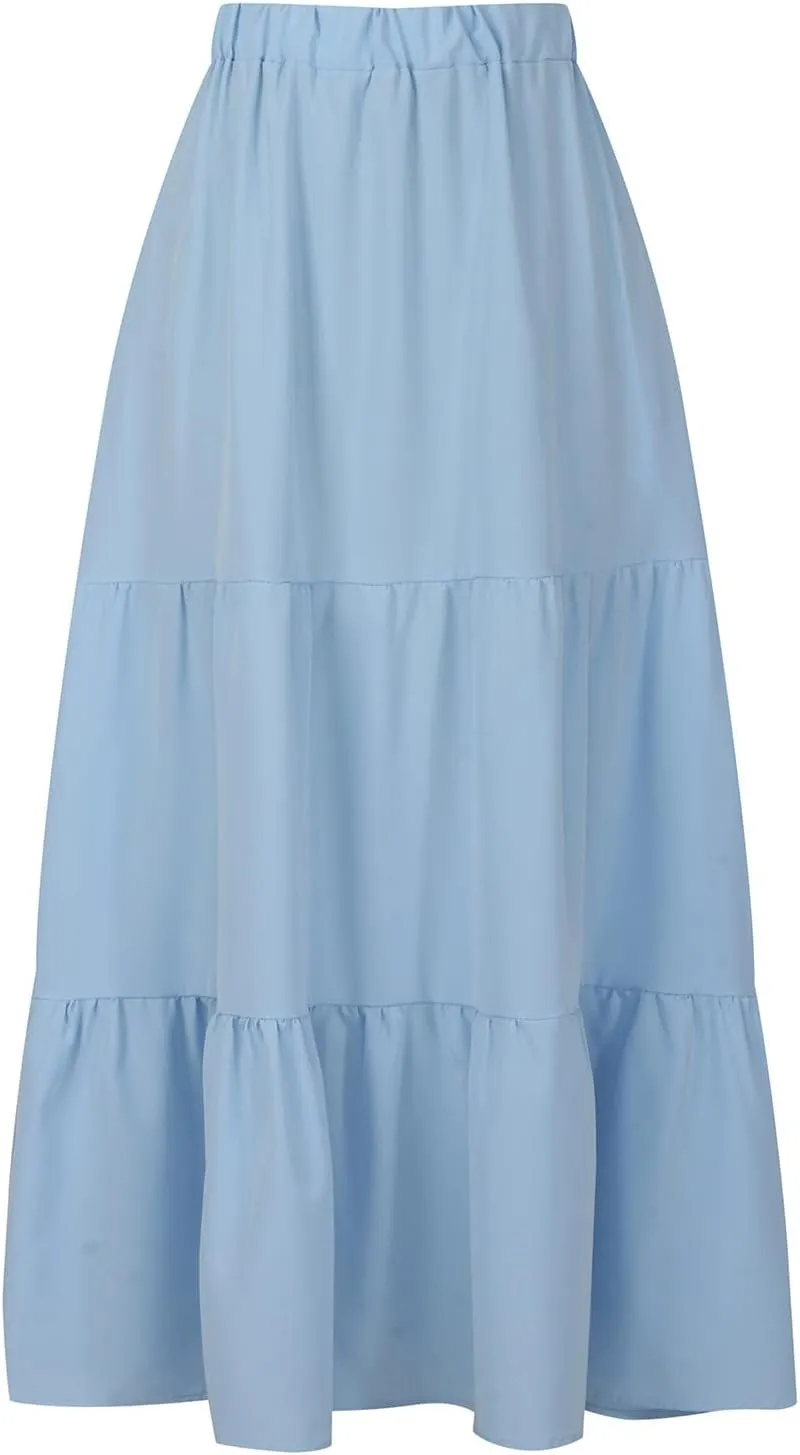 Skirts for Women Summer Beach Pleated Long Skirt Lightweight Elastic Waisted Maxi Skort Boho A Line Skorts with Pocket