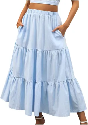 Skirts for Women Summer Beach Pleated Long Skirt Lightweight Elastic Waisted Maxi Skort Boho A Line Skorts with Pocket