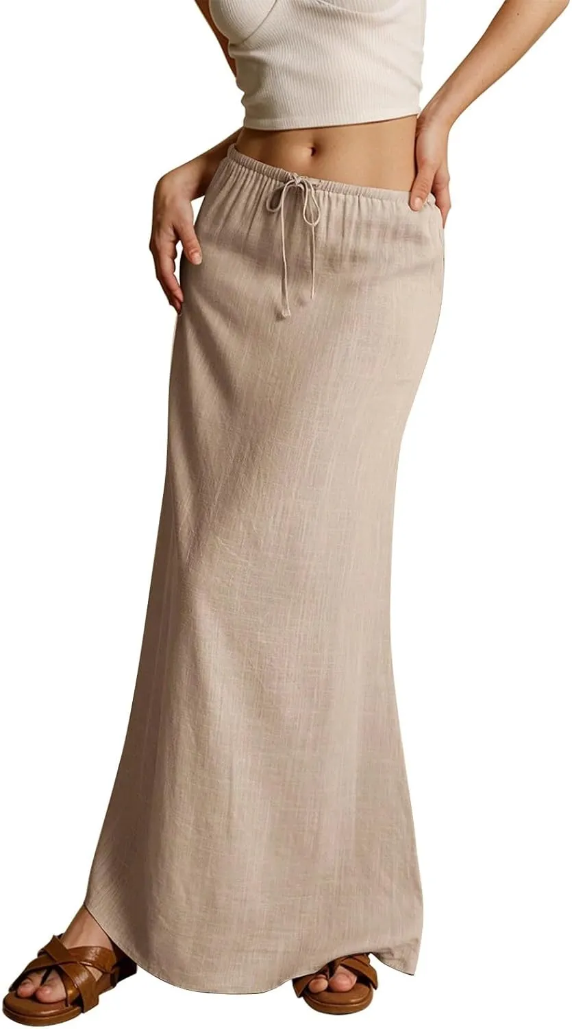 Skirts for Women Summer Casual A Line Drawstring Solid Low Waist Long Flowy Maxi Trendy Vacation Skirt