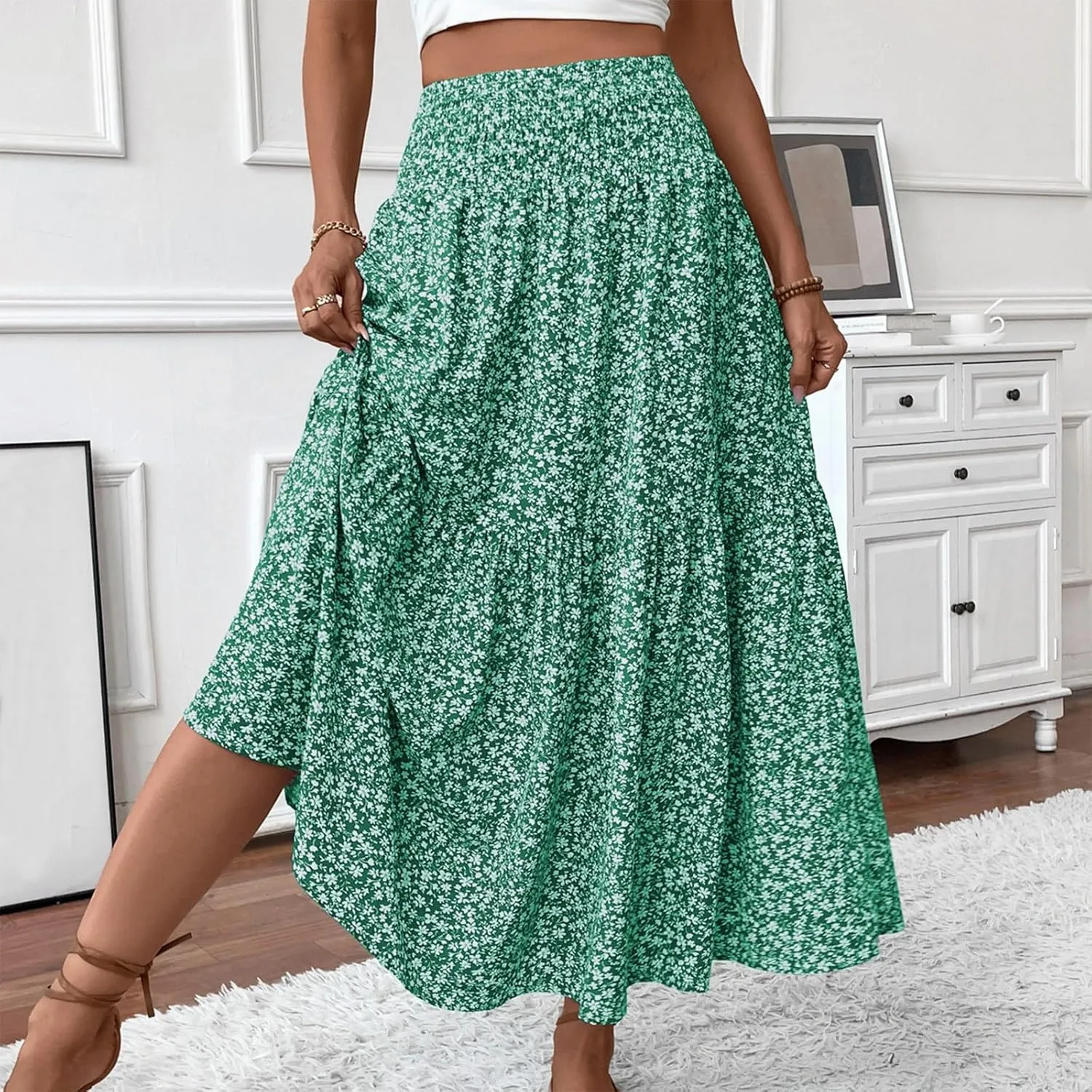 Skirts for Women Summer Comfy High Elastic Waist Maxi Skirt Casual Trendy Flowy Ruffle Printed A Line Boho Cute Skirts