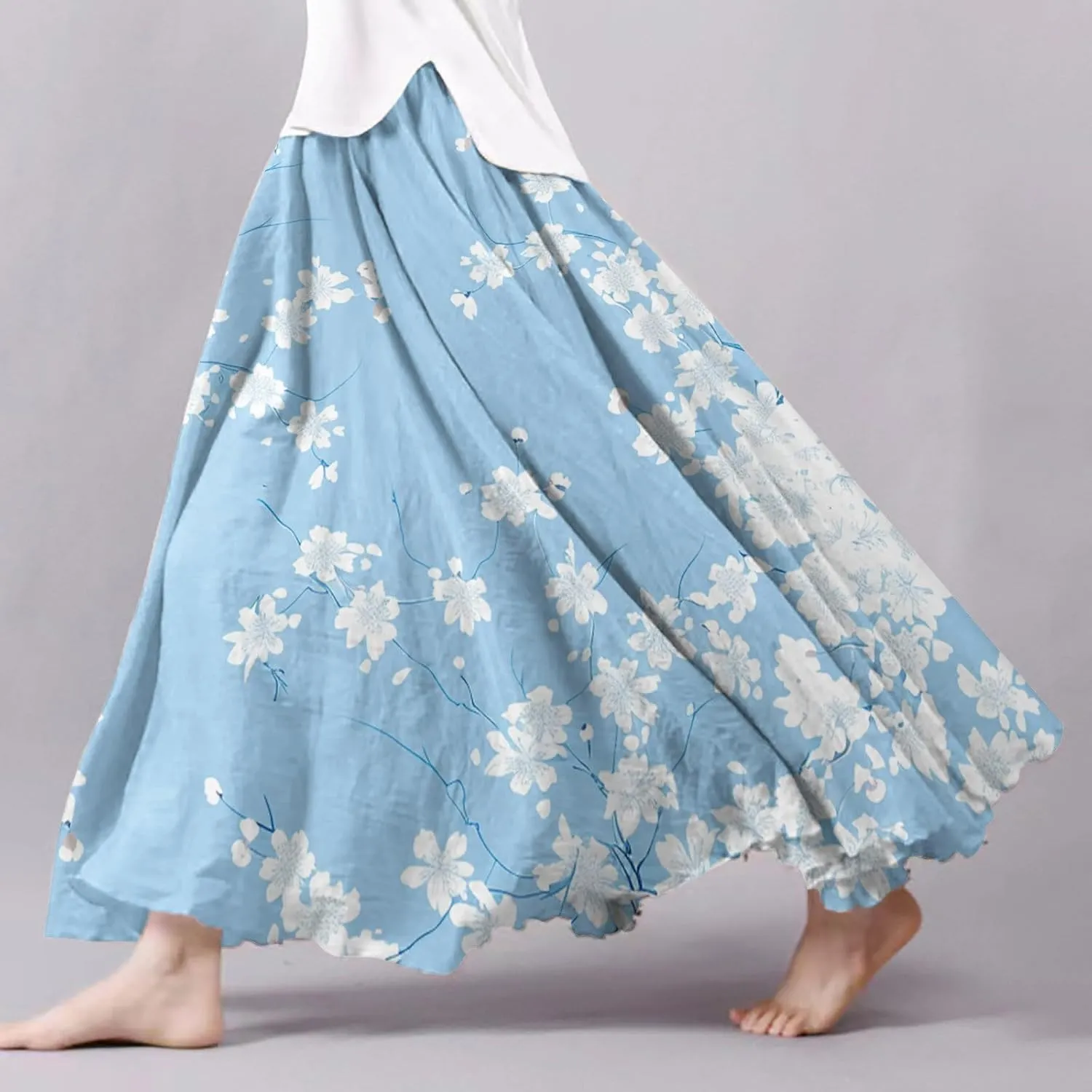 Skirts for Women Trendy Summer Fall Retro Floral Art Linen Elastic High Waist Tiered Long Maxi Skirt with Pockets