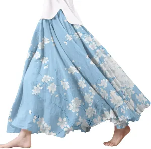 Skirts for Women Trendy Summer Fall Retro Floral Art Linen Elastic High Waist Tiered Long Maxi Skirt with Pockets