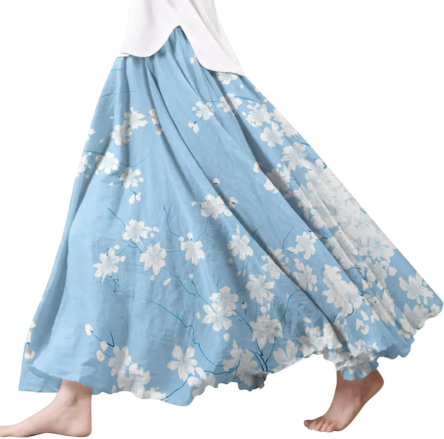 Skirts for Women Trendy Summer Fall Retro Floral Art Linen Elastic High Waist Tiered Long Maxi Skirt with Pockets