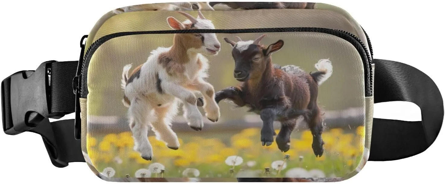 Small Travel Fanny Pack with Adjustable Strap Unisex Playful Goats Pattern Waist Pack for Running, Hiking