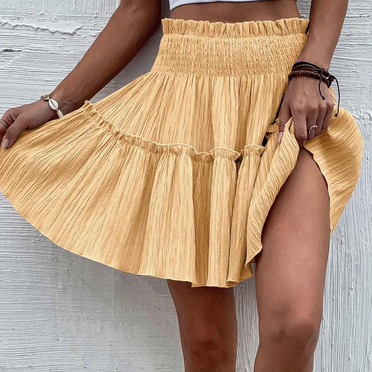 Smocked Mini Skirt for Women High Waist Ruffle Tiered Skater Skirts Summer Casual Trendy Outfits