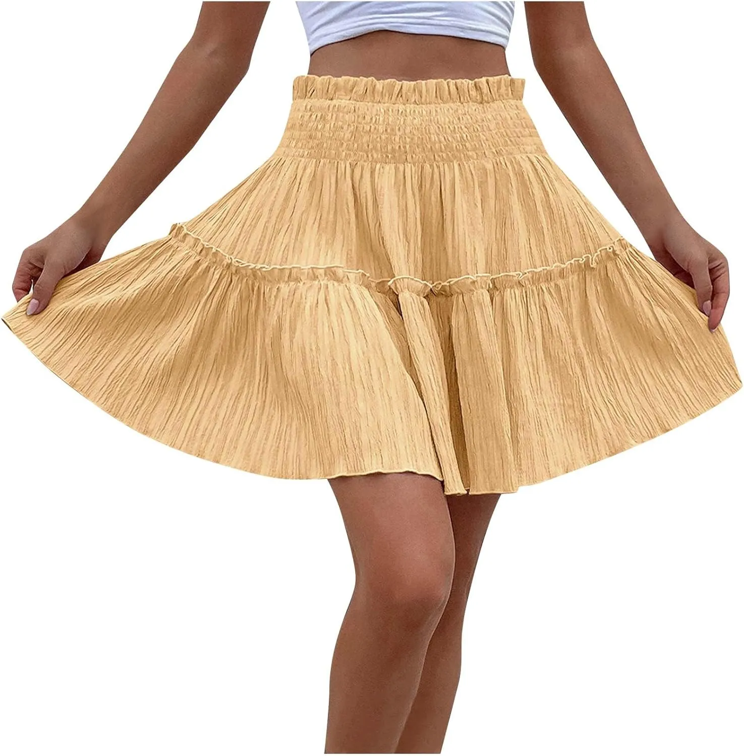 Smocked Mini Skirt for Women High Waist Ruffle Tiered Skater Skirts Summer Casual Trendy Outfits