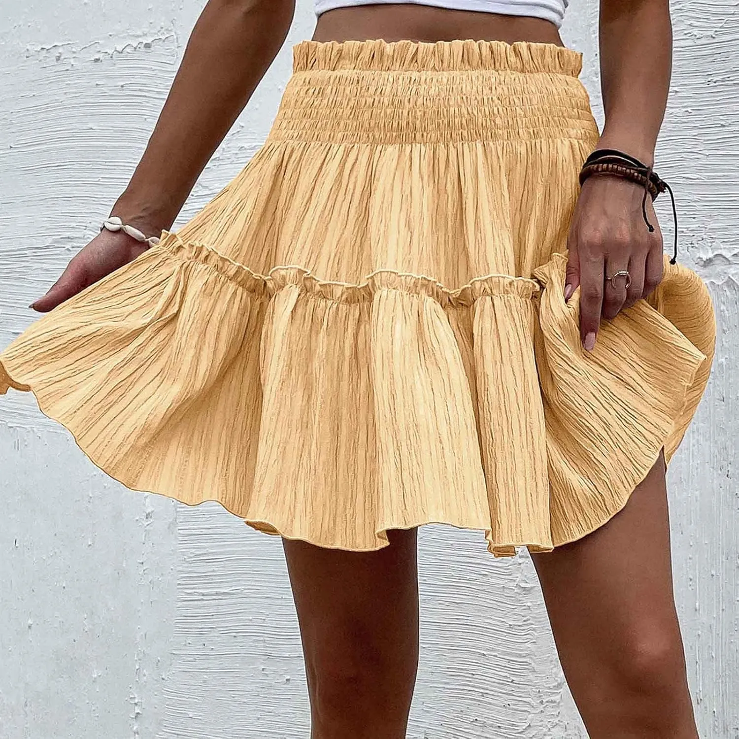 Smocked Mini Skirt for Women High Waist Ruffle Tiered Skater Skirts Summer Casual Trendy Outfits