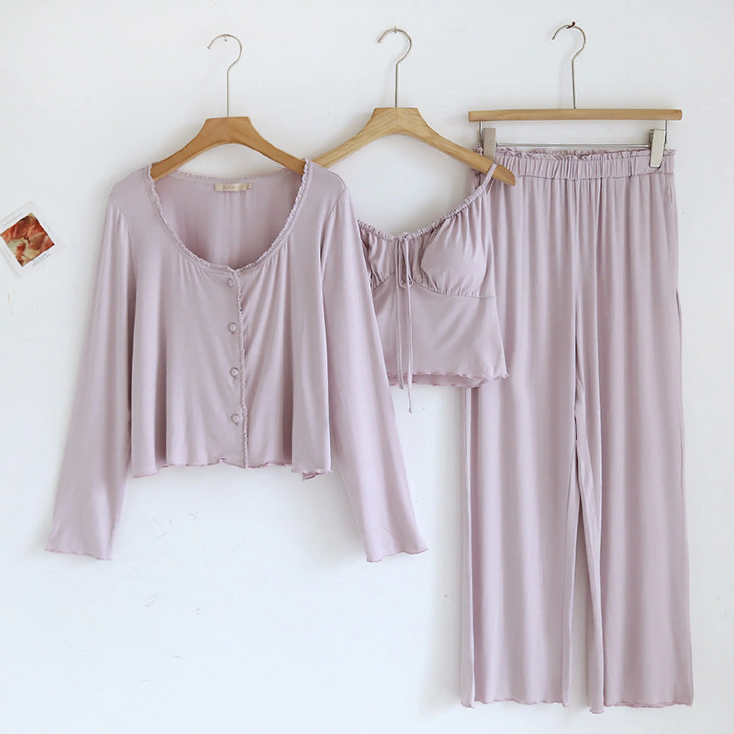 Solid Tank and Long Pants with Cardigan Pajama Set / Black