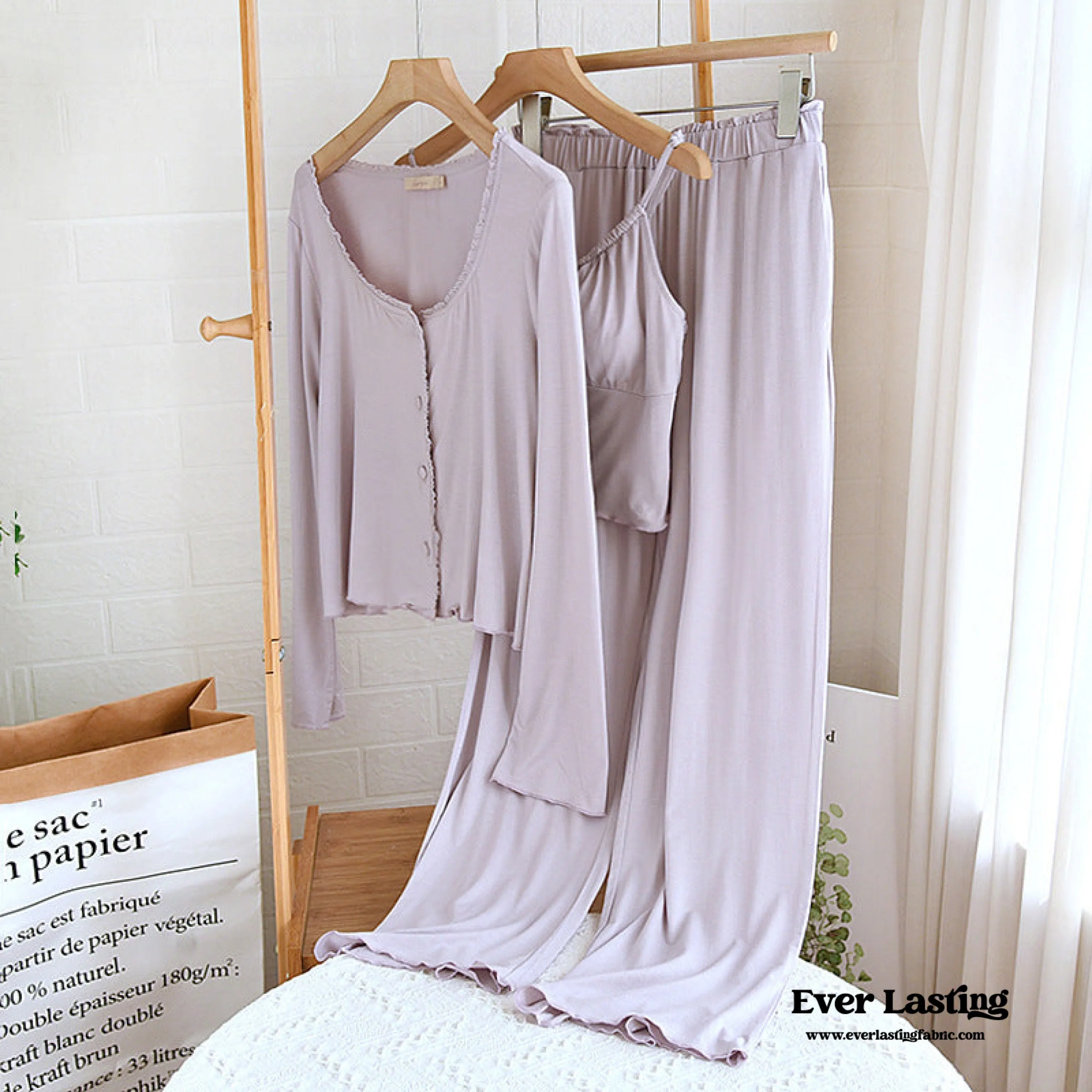 Solid Tank and Long Pants with Cardigan Pajama Set / Black