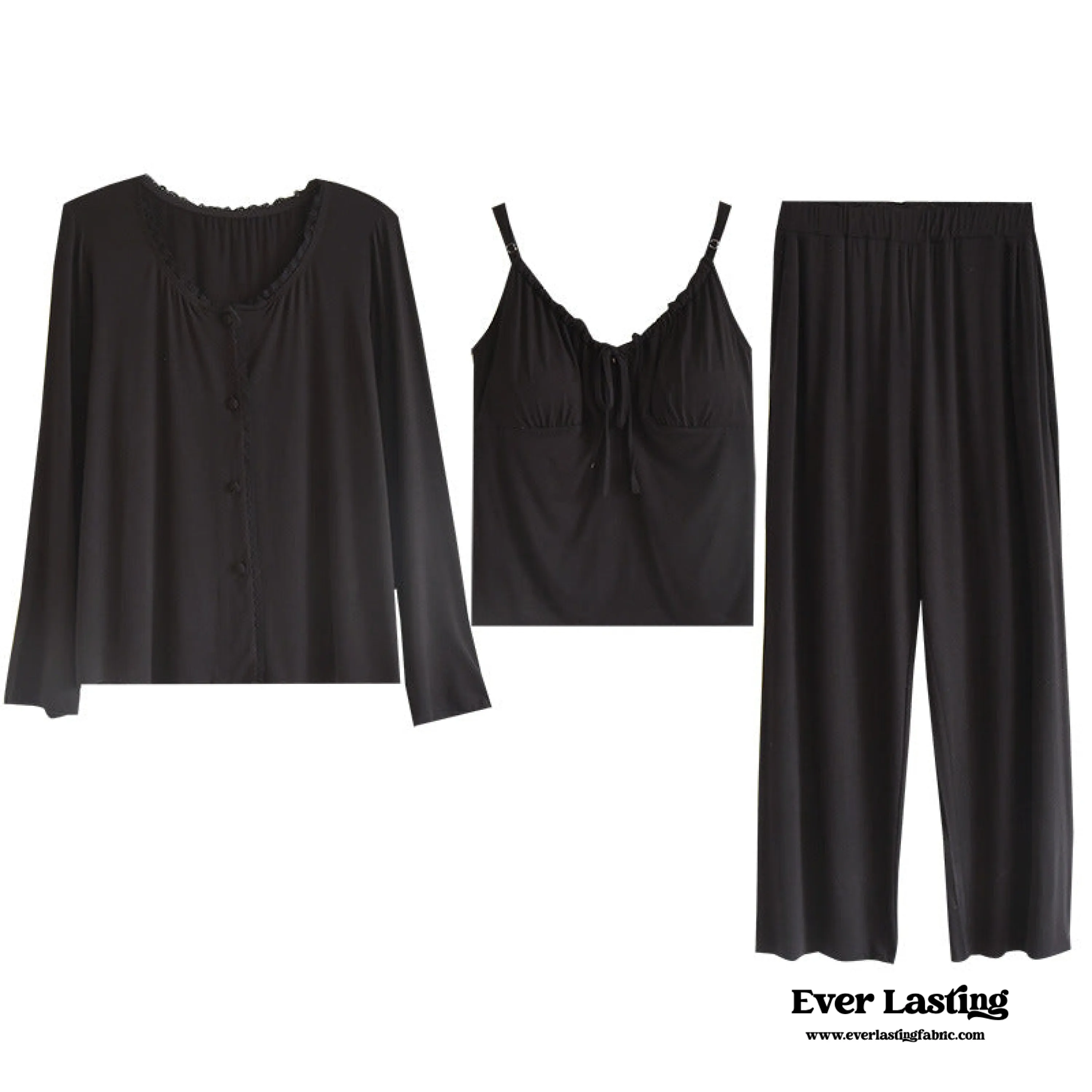 Solid Tank and Long Pants with Cardigan Pajama Set / Black