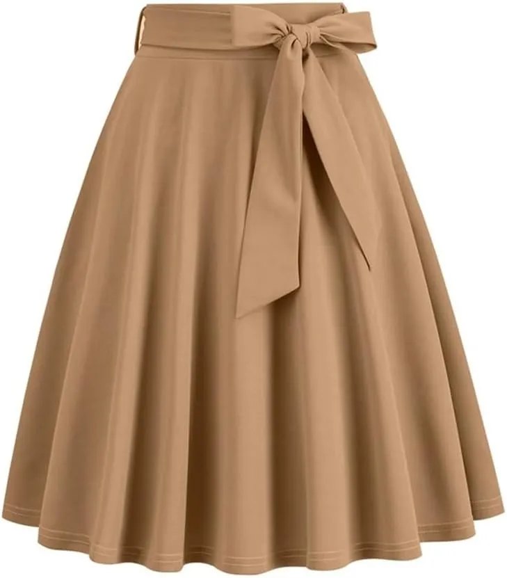 Sorrica Women's Vintage Pleated Midi Skirts High Waist A-line Flared Skater Skirts with Pockets