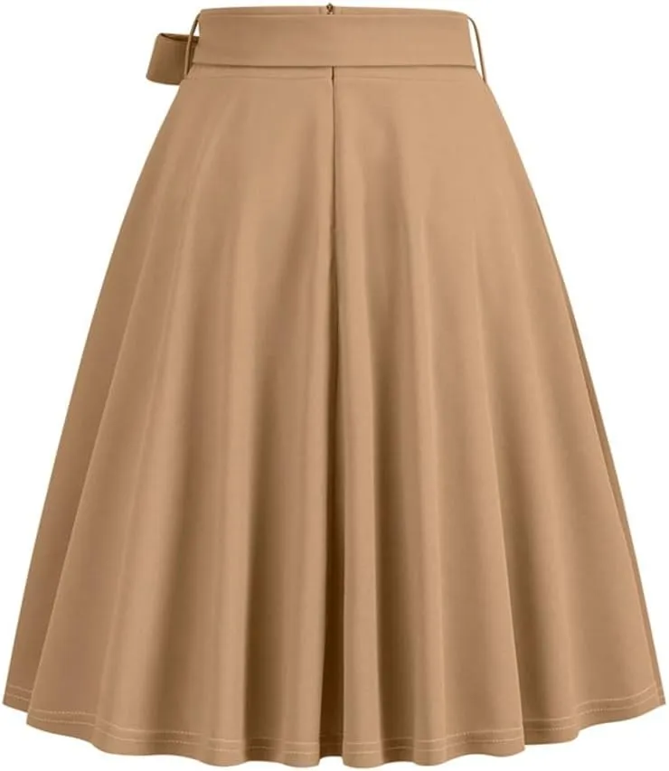 Sorrica Women's Vintage Pleated Midi Skirts High Waist A-line Flared Skater Skirts with Pockets